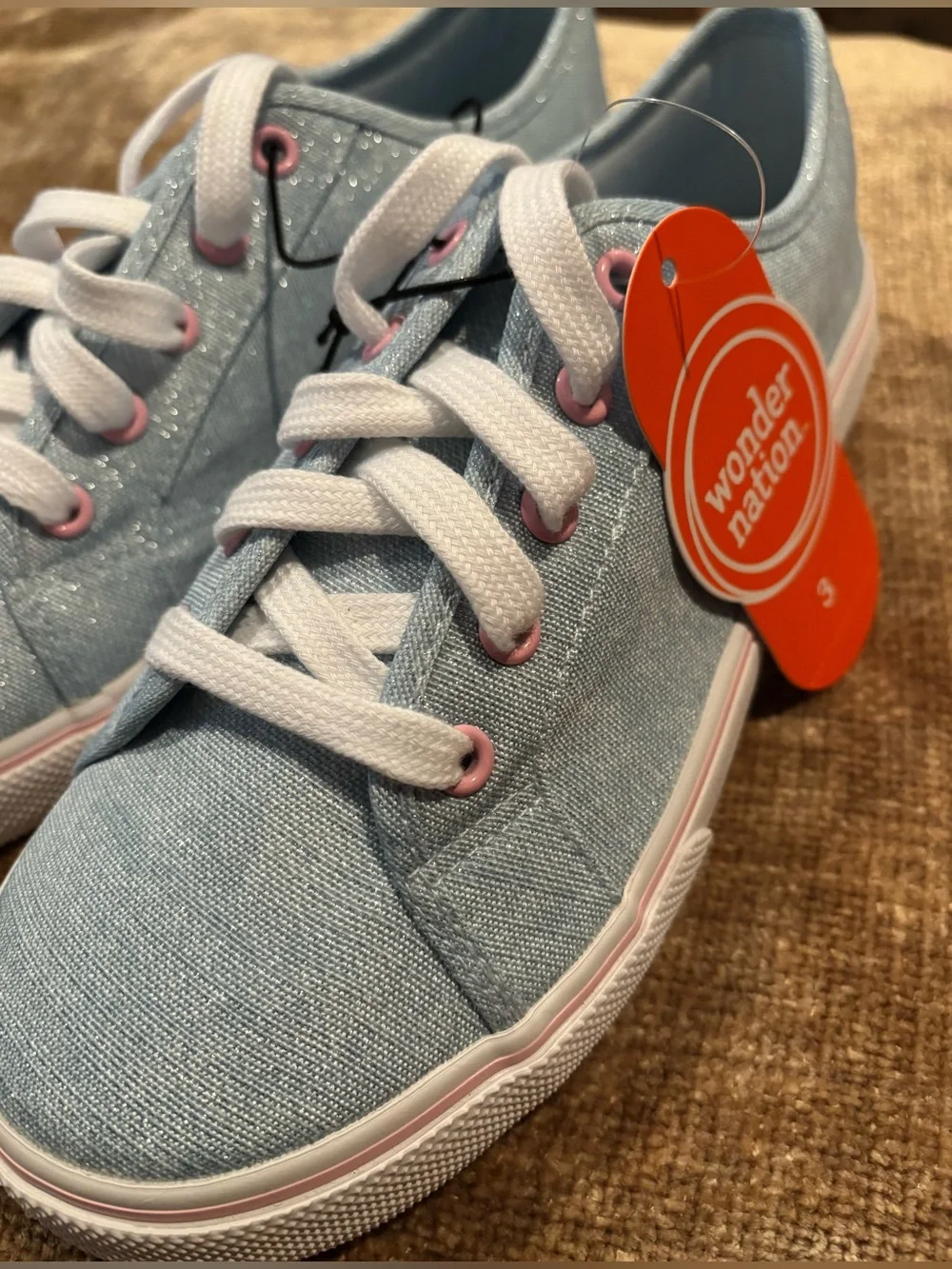 NWT Light Blue Glittery Canvas Sneakers with Pink Accents